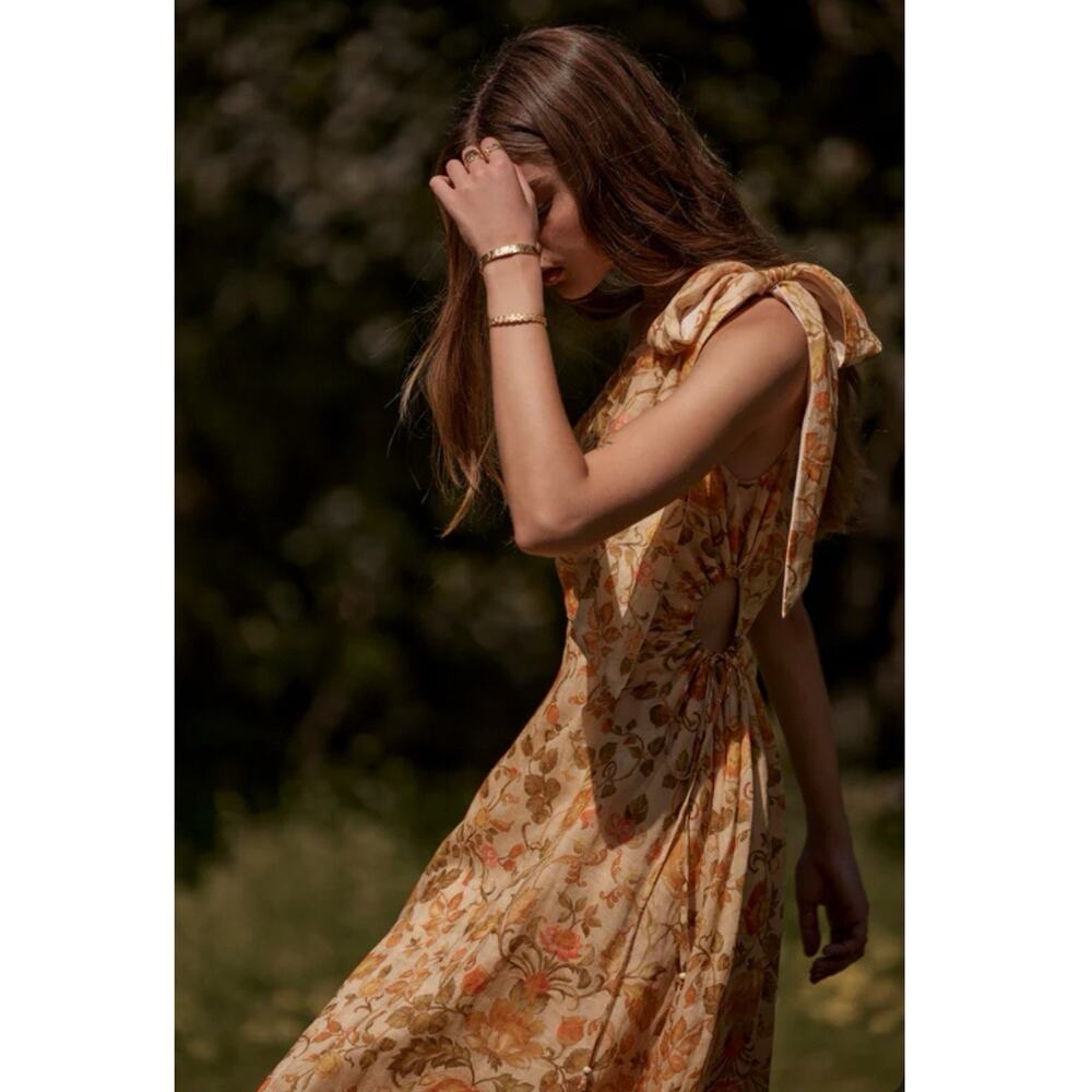 Kate Ford Alata Midi Dress Size 0 Cut out floral gold print Feminine Romantic